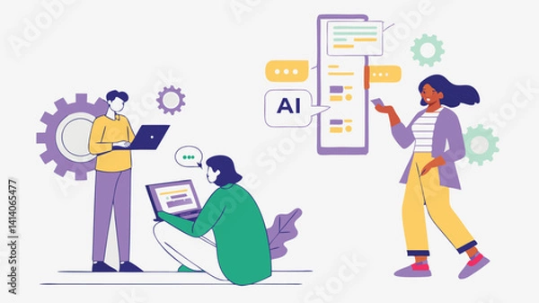 Fototapeta Ai Technology In Business With Diverse Professionals Discussing Machine Learning Solutions And Digital Transformation For Enhanced Efficiency And Innovation