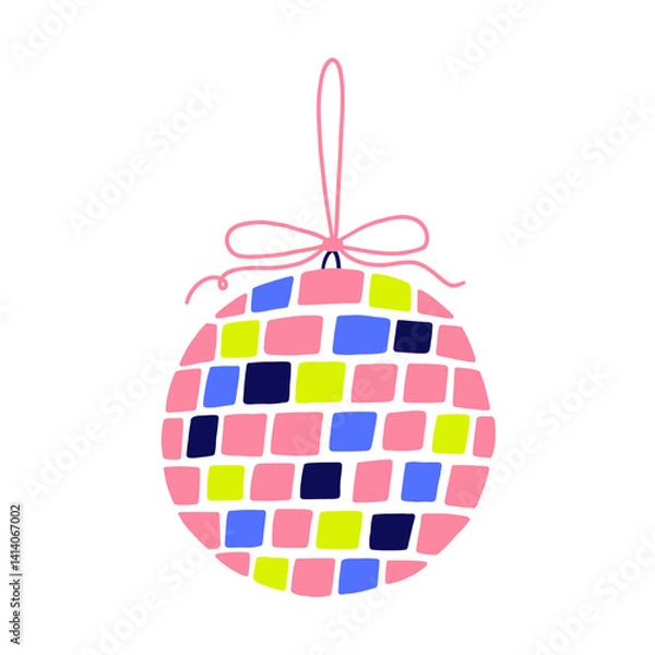 Fototapeta Disco ball with bow. Dance club retro party mirror ball with ribbon. Vector hand drawn illustration