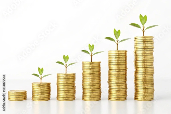 Fototapeta Financial freedom journey shown with increasing stacks of gold coins on white background