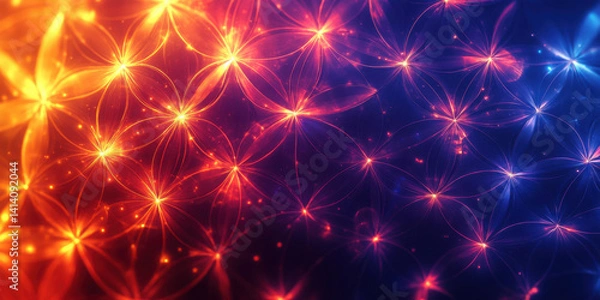 Fototapeta vibrant abstract background featuring glowing floral patterns in orange, red, and blue hues, creating mesmerizing visual effect. interplay of light and color evokes sense of energy and beauty