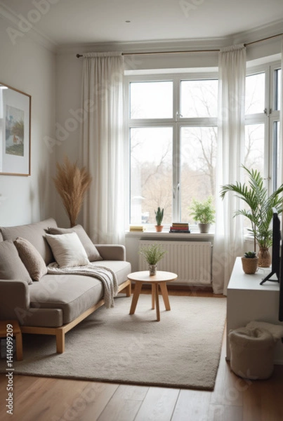 Fototapeta Cozy Scandinavian Living Room with Neutral Tones, Indoor Plants and Soft Natural Light