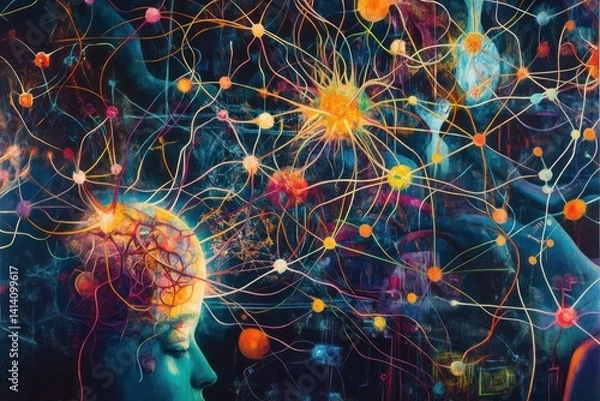 Fototapeta A visually complex mural with interconnected nodes and lines, resembling a vibrant neural network of interconnected human experiences