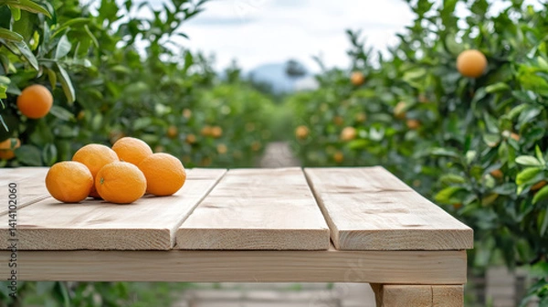 Fototapeta Fresh oranges on wooden table in orange grove, surrounded by lush green trees and ripe fruit. vibrant colors and serene atmosphere evoke sense of tranquility and abundance
