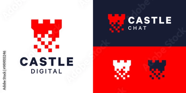 Fototapeta Security fortress building logo design. Castle logo with digital pixel logo design vector symbol icon