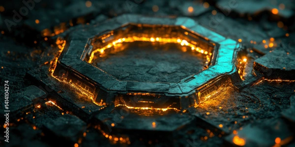 Fototapeta glowing octagonal structure surrounded by textured surfaces, emitting warm light that creates intriguing atmosphere. design combines elements of technology and nature, evoking curiosity
