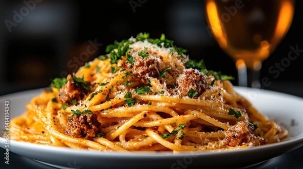 Obraz Delicious spaghetti with tomato sauce fresh herbs and cheese