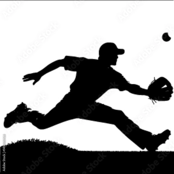 Obraz Silhouette of a fielder diving horizontally to stop the ball.