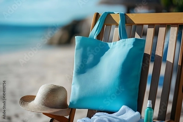 Obraz Blue beach tote mockup on wooden chair with sunhat and towel.