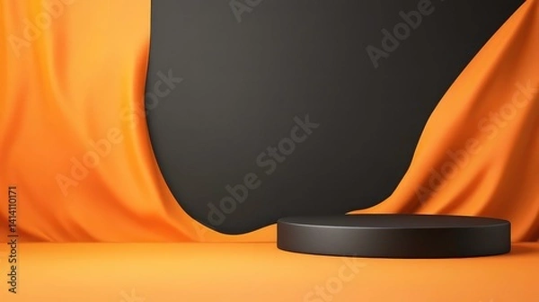 Fototapeta Modern colorful studio yellow background with floating display shelf