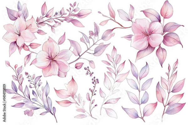 Fototapeta delicate watercolor flowers and leaves in soft pink and purple hues ideal for design projects invitations or decorative purposes