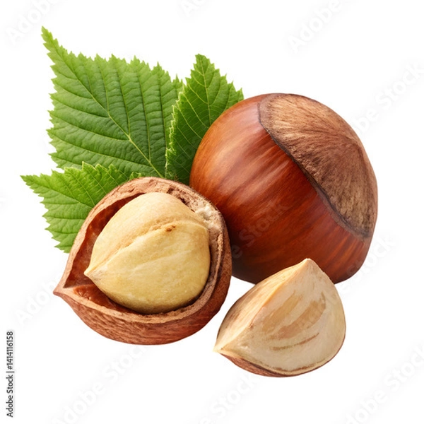 Fototapeta Fresh Hazelnuts: Close-up of Whole and Halved Nuts on transparent background