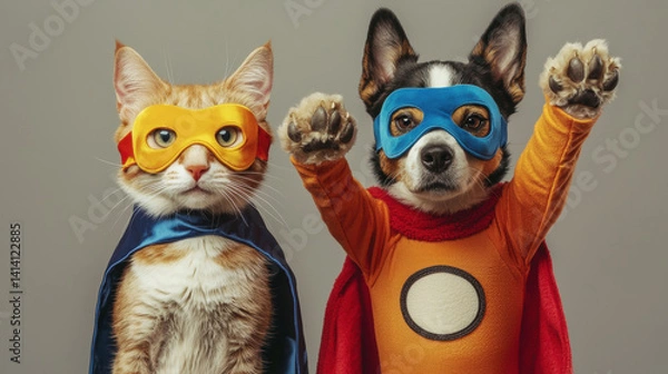 Fototapeta Cute cat and dog in superhero costumes with eye masks and capes, striking heroic pose with paws lifted, solid grey background
