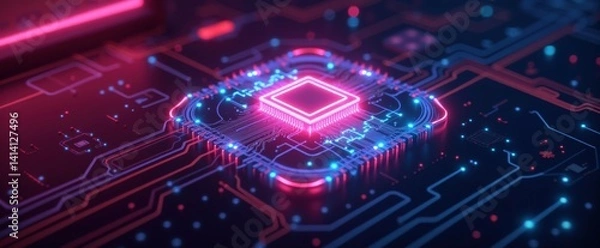 Obraz Futuristic Technology Concept Featuring a Neon Lit Circuit Board and Processor