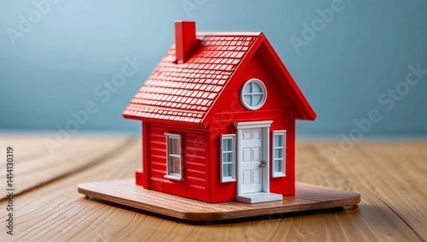 Fototapeta A 3d model of a small residential house with a red roof is shown on a table against a vibrant red background, an illustration of real estate