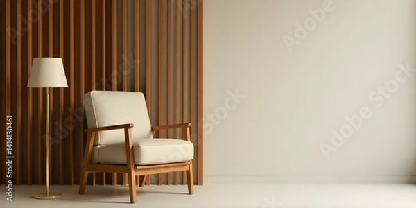 Fototapeta Living room with a white sofa, a black coffee table, and a white rug, a dining table with black chairs in the background