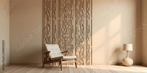Fototapeta Living room with a white sofa, a black coffee table, and a white rug, a dining table with black chairs in the background