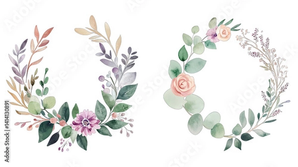 Obraz two elegant watercolor floral wreaths one with soft greens and purples the other with delicate pink roses perfect for invitations or decorative purposes