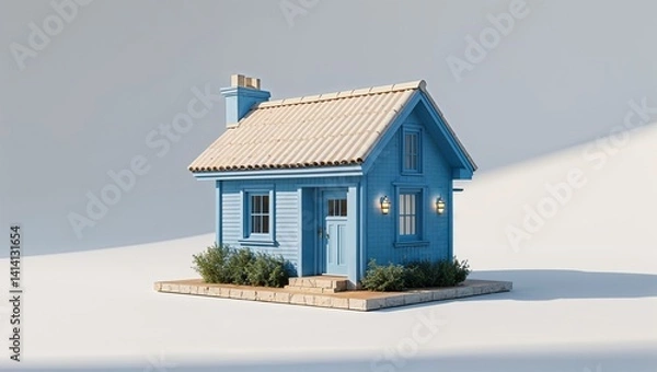 Fototapeta A blue roof tops a new wood cottage, a cozy residence contrasting with the snowy winter sky