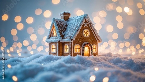 Fototapeta A snow-covered home with a decorated Christmas tree brings holiday cheer to the winter season