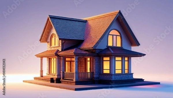 Fototapeta A 3d residential model of a new home with a roof appears like an icon in the night sky, suggesting a real estate sale
