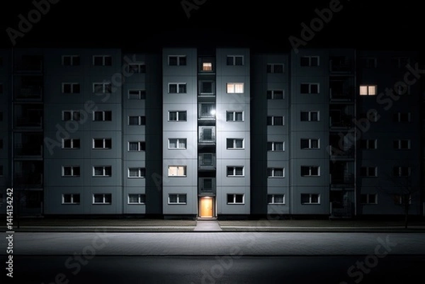 Fototapeta Apartment Complex with Only One Lit Window A wide shot of a tall grey apartment building at night, all windows dark except for one. This tiny warm light conveys a strong sense of isolation, storytelli