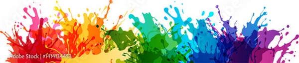 Fototapeta Colorful paint splashes. Rainbow creative horizontal banner. Vector divider from liquid motion design element.