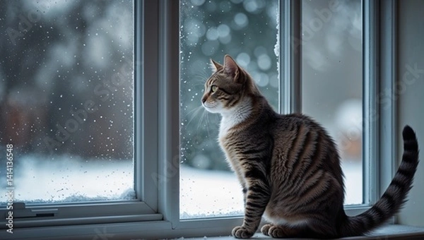 Fototapeta A cute tabby kitten, a domestic feline with striped fur, is sitting on a window, looking out at the garden