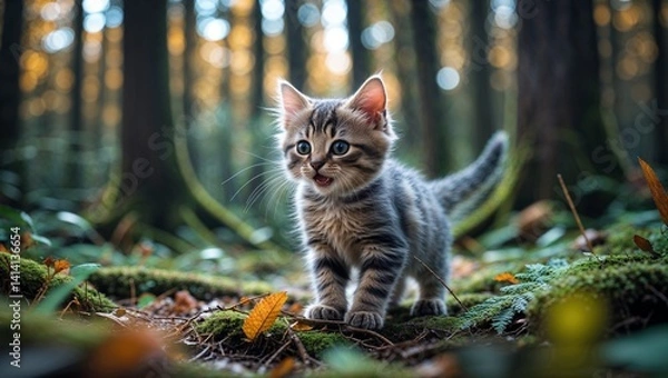 Fototapeta A cute tabby kitten, a small domestic feline with striking eyes, looks out from a tree in a lush green garden