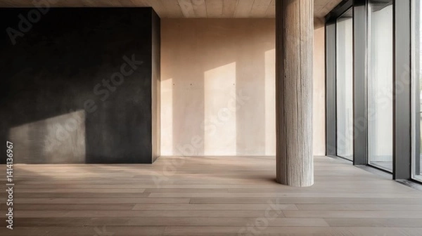 Obraz Empty room with wooden flooring and large windows on the right side. the room has a concrete ceiling and walls, and there is a large window on the left side of the image that lets in natural light.