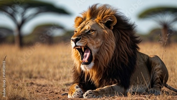 Fototapeta A majestic carnivore with a wild mane, the lion, a big cat and king of the safari, is a dangerous predator in its natural wildlife