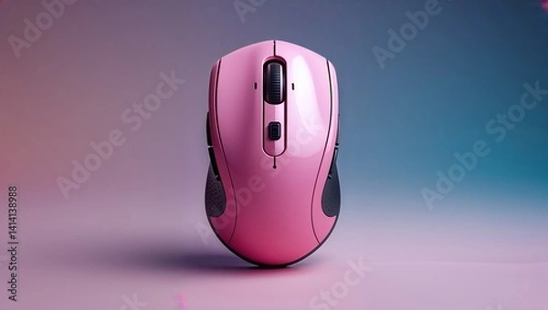 Fototapeta A black wireless computer mouse, an input device of modern technology for PCs and internet use in the office, rests on a blue background