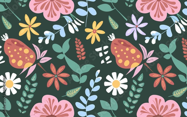 Fototapeta Whimsical Floral Pattern with Playful Berries on Deep Green Background