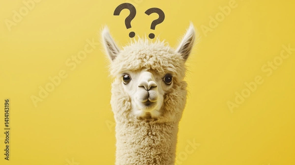Fototapeta Fluffy confused alpaca with large eyes and question marks above, minimalist pastel yellow background