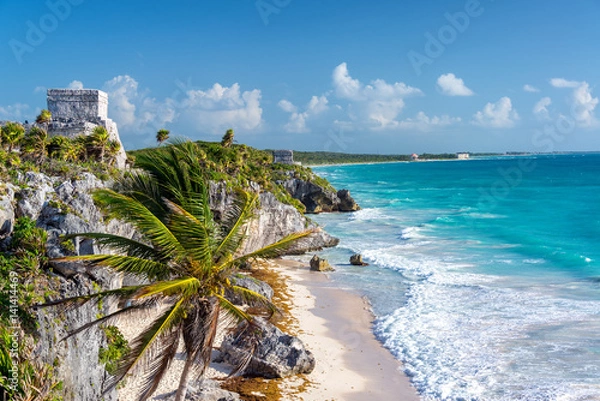 Obraz Ruiny Tulum i palmy