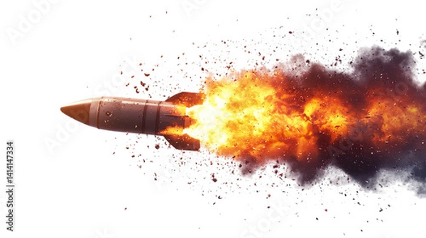 Obraz Rocket missile launch with fire and smoke on black background for military and space exploration on transparent background