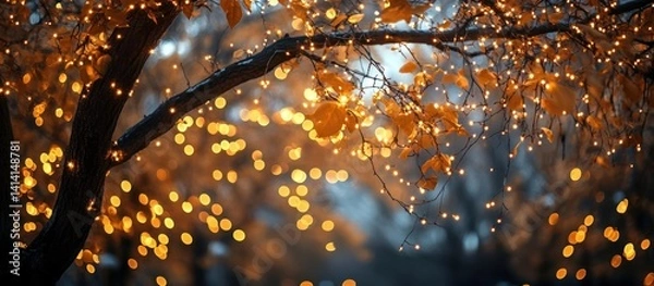 Fototapeta Autumn lights on park tree, bokeh background