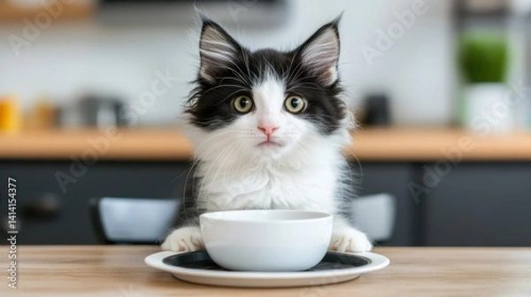 Fototapeta Fluffy kitten using a cat tray, looking curiously at the camera, home pet care concept.