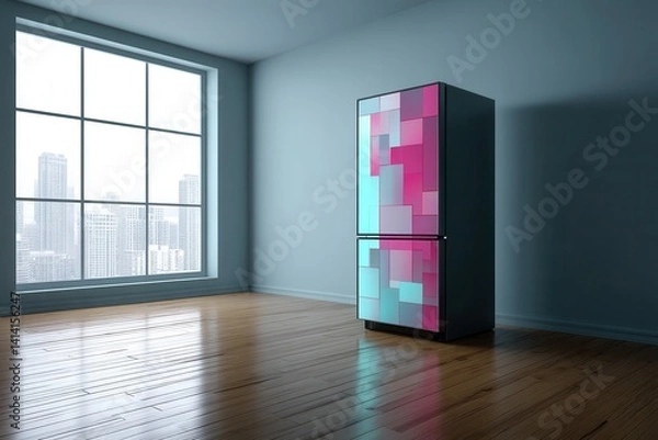 Fototapeta Distorted Fridge in Bright Room A modern refrigerator with half of its structure glitching, revealing a surreal geometric digital pattern