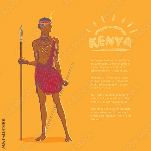 Obraz Vector color illustration. Armed african warrior of the Masai tribe in traditional clothes and jewelry on a bright background and space for advertising text. Tourism in Kenya and Tanzania.