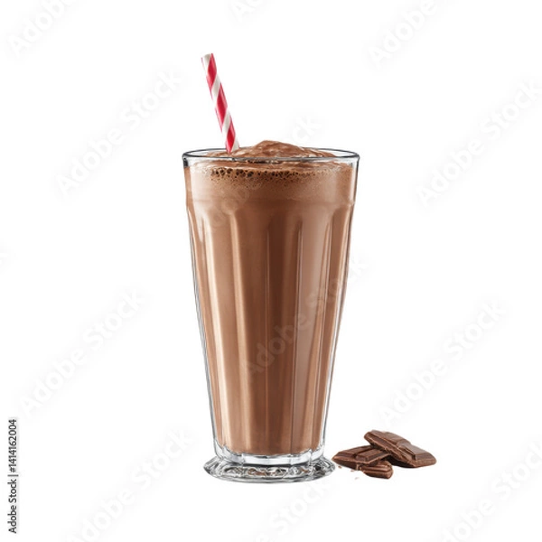 Fototapeta Tall glass filled with chocolate milkshake and straw with chocolate pieces