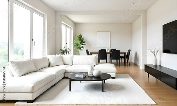 Fototapeta Living room with a white sofa, a black coffee table, and a white rug, a dining table with black chairs in the background