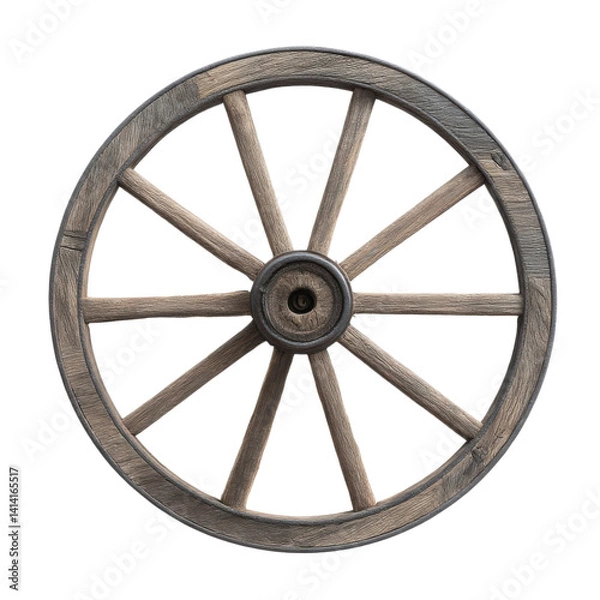 Fototapeta Isolated close up of an old wooden wagon wheel with spokes on a dark space
