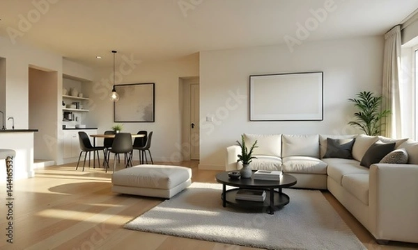 Fototapeta Living room with a white sofa, a black coffee table, and a white rug, a dining table with black chairs in the background