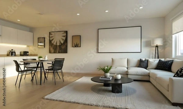 Fototapeta Living room with a white sofa, a black coffee table, and a white rug, a dining table with black chairs in the background