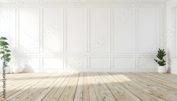 Fototapeta Empty room with white walls and white wooden floor, minimalist style, clean and bright, simple background
