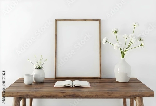 Fototapeta A blank frame with a vase of white flowers and a book on a wooden table against a white wall