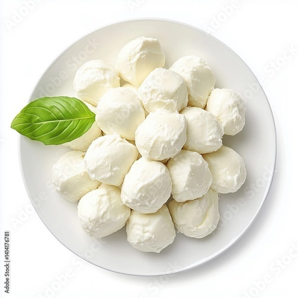 Obraz Small mozzarella balls on a plate with basil leaves, top view, white background.