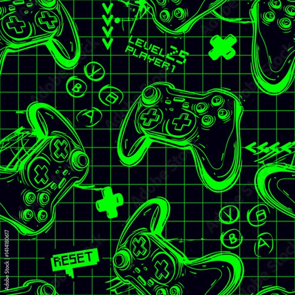Fototapeta Seamless bright pattern with joysticks. gaming cool print for boys and girls. Suitable for textiles, sportswear, web