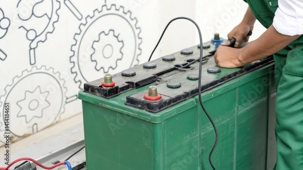 Fototapeta A person is working on a large green battery, connecting wires, with a backdrop featuring gears, suggesting a focus on mechanics or electrical work.