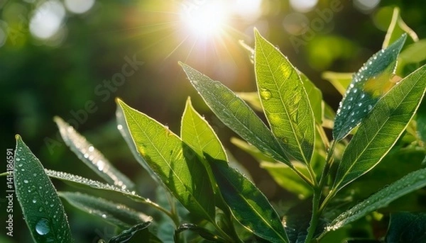 Fototapeta Close-up of dew-covered leaves with sunlight shining through, representing freshness and vitality in plants